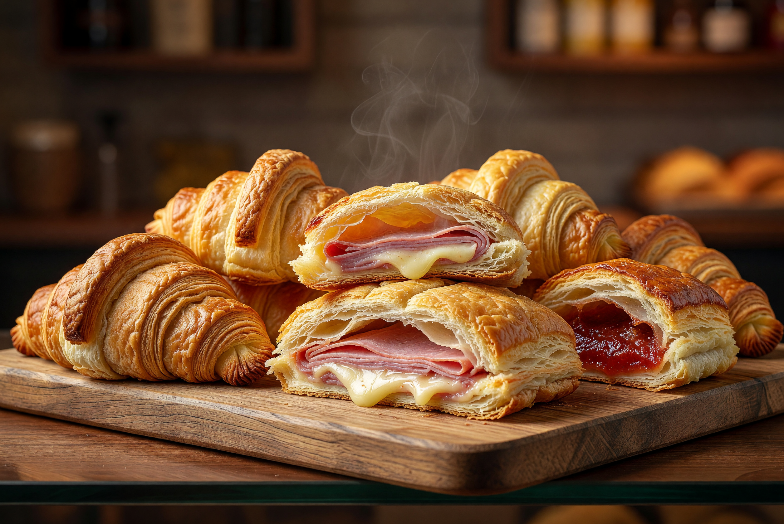 Croissants e folhados em vitrine